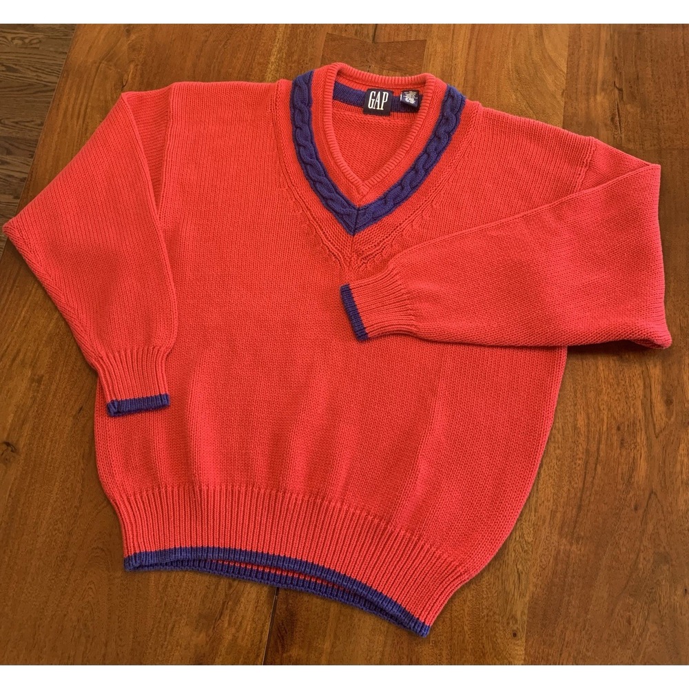 Vintage Gap Cricket Tennis Sweater Sz L/XL Chunky Cable Knit Preppy 90s Red Boxy